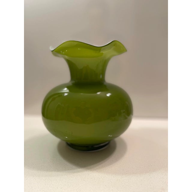 Boho Chic Olive Green Vase With White Flower Top For Sale - Image 9 of 12