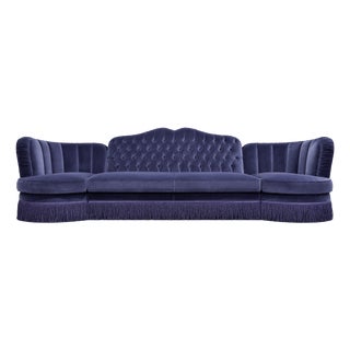 Indigo Velvet Tufted Sofa with Fringe by Dorothy Draper For Sale