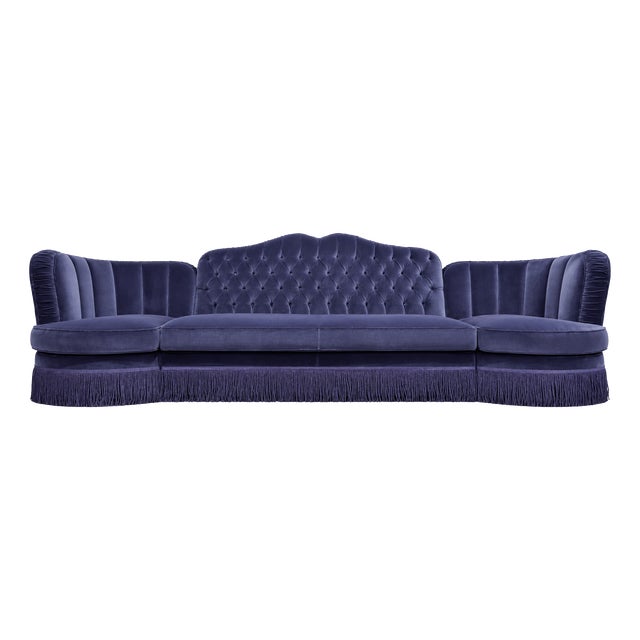Indigo Velvet Tufted Sofa with Fringe by Dorothy Draper For Sale