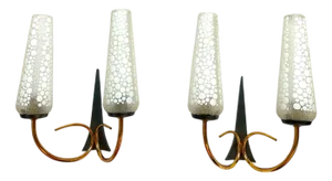 Mid Century Modern Brass Wall Sconce Lights with Conical Frosted Glass Lampshades, 1950s, Set of 2