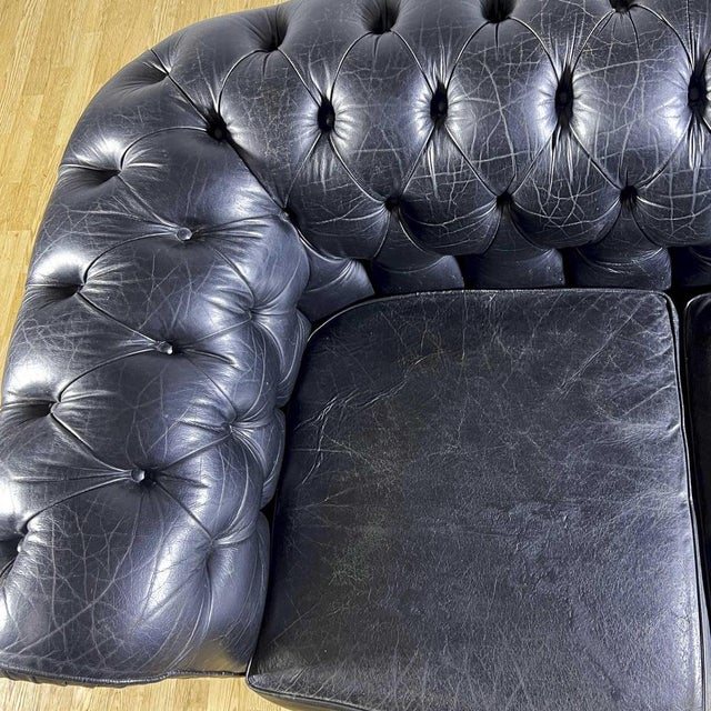 Wood Chesterfield Club Sofa in Black Leather with Wooden Legs, 1960s For Sale - Image 7 of 9