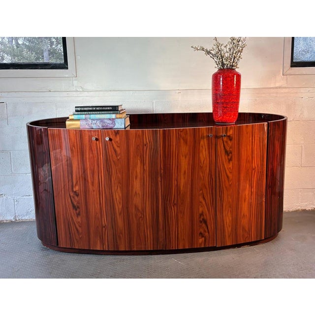 Mid-Century Modern Vintage Rosewood Credenza | Mid-Century Modern Curved End Sideboard With Chrome Pulls | Danish Modern Polished Wood Storage Cabinet For Sale - Image 3 of 10