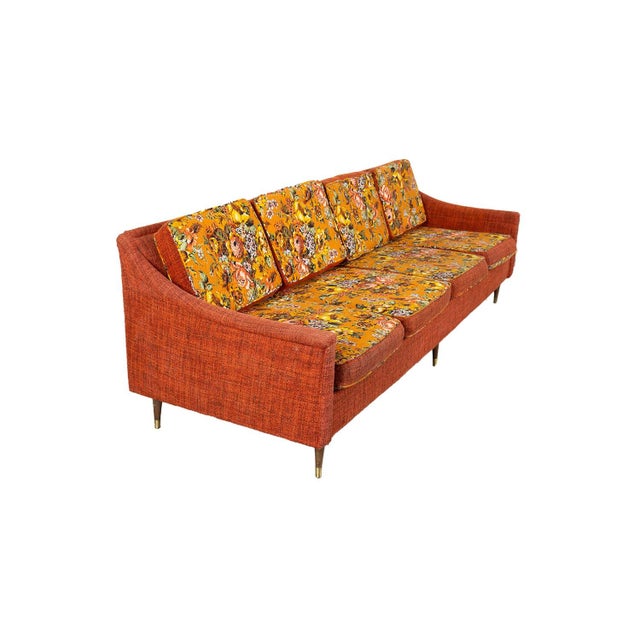Mid-Century Floral Orange Long Sofa For Sale In Baltimore - Image 6 of 9