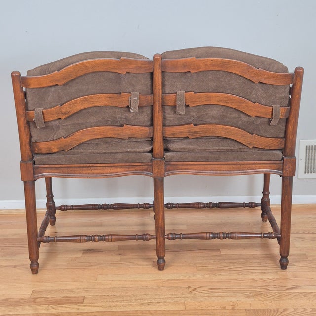 Mid 20th Century French Country Petite Walnut Ladder Back Settee Bench W/ Brown Faux Suede Cushions For Sale - Image 10 of 12