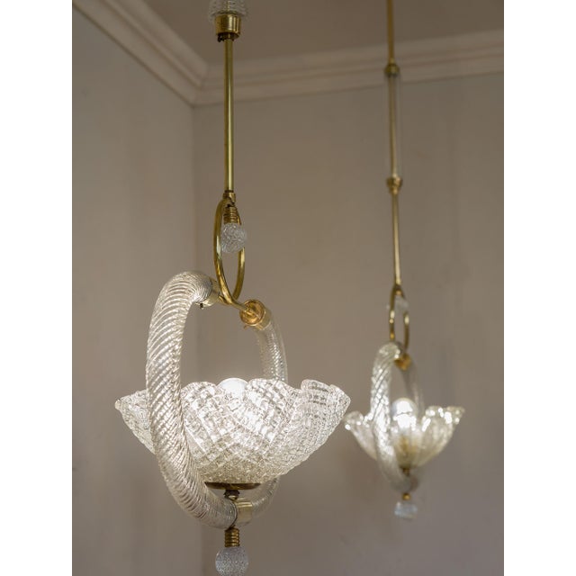 Murano Blown Glass and Brass Pendant Lights by Ercole Barovier for Barovier & Toso, 1930s, Set of 2 For Sale - Image 6 of 16