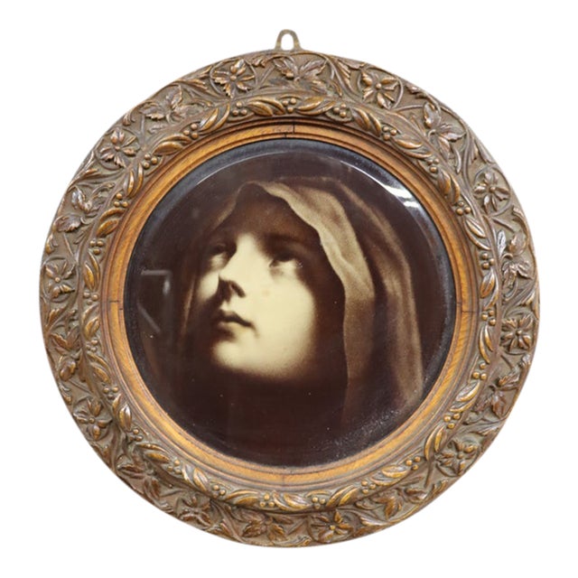 Antique Victorian Lithograph Portrait in Carved Quarter-Sawn Oak Frame For Sale