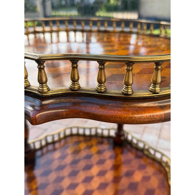 Brown Vintage French Style Two-Tier Parquetry Side Table With Brass Gallery For Sale - Image 8 of 13
