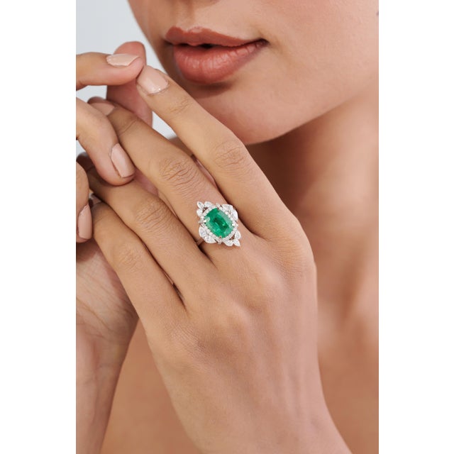Not Yet Made - Made To Order Regal 18k White Gold 3.31ct Zambian Emerald & 1.04ct Diamond Halo Cocktail Ring Size 4 For Sale - Image 5 of 17
