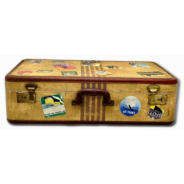 Brass Vintage 1940s Travel Size Tweed Suitcase With Nice Assortment of World Grand Tour Locations Paper Labels For Sale - Image 8 of 18