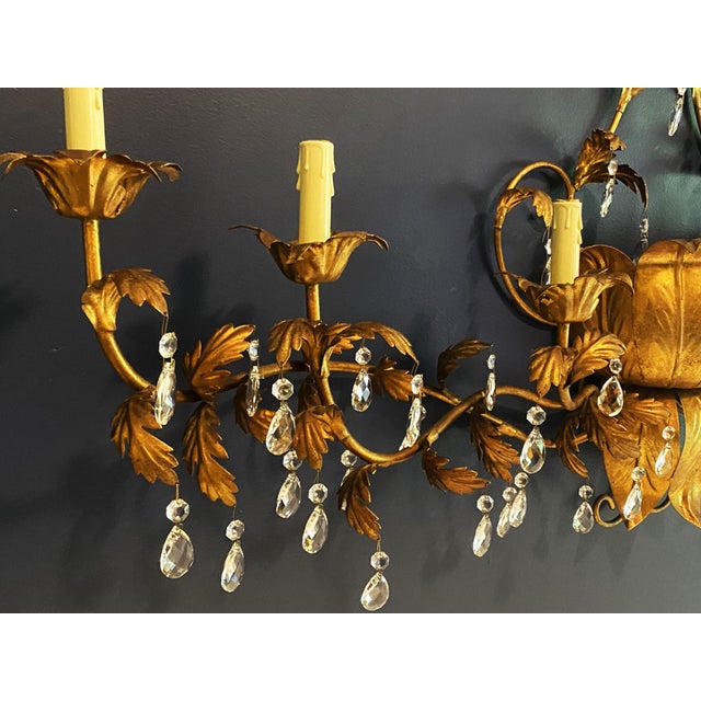 Mid 20th Century Italian Gilt Toleware Palatial 6-Arm Wall Sconce, Hollywood Regency, Florentine Metalware Candlelabra With Prisms For Sale - Image 4 of 18