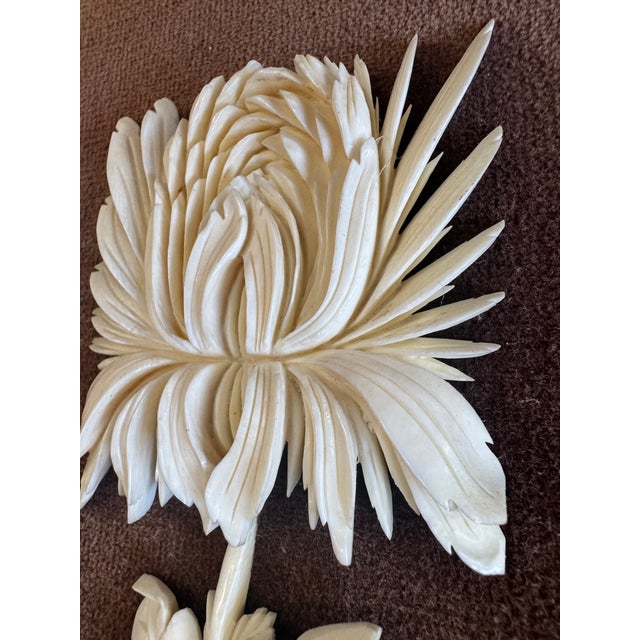 Bone Mid 20th Century Framed Hand Carved Bone Wall Art Pair Pagoda & Flower For Sale - Image 7 of 11