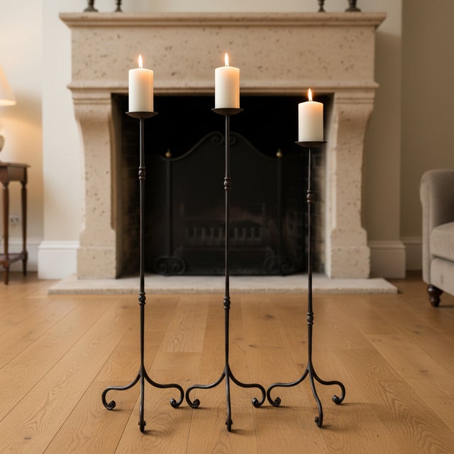 French Hand Forged Iron Candelabra Set of 3 (90-110cm) Antique Copper Finish Slender Stem with French Scroll Base For Sale - Image 3 of 7