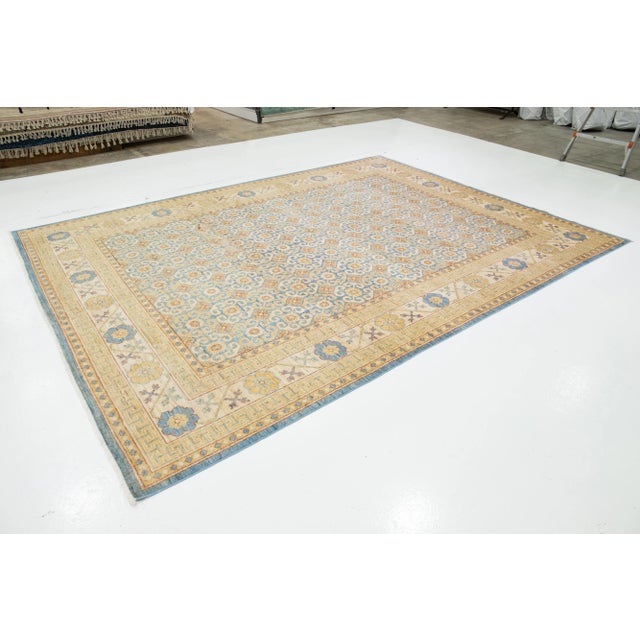 Modern Handmade Modern Khotan Wool Rug With Allover Design in Beige and Blue For Sale - Image 3 of 10