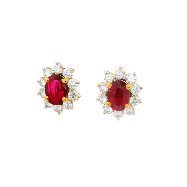 Contemporary 2.34 Carats Ruby Diamond 18k Yellow Gold Halo Earrings, Gia Certified, A Pair For Sale - Image 3 of 6