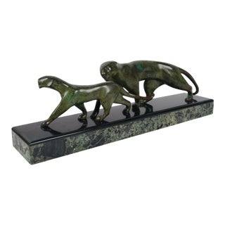 Mid 20th Century Art Deco Patinated Bronze Two Panthers After Michel Decoux on Marble Base For Sale