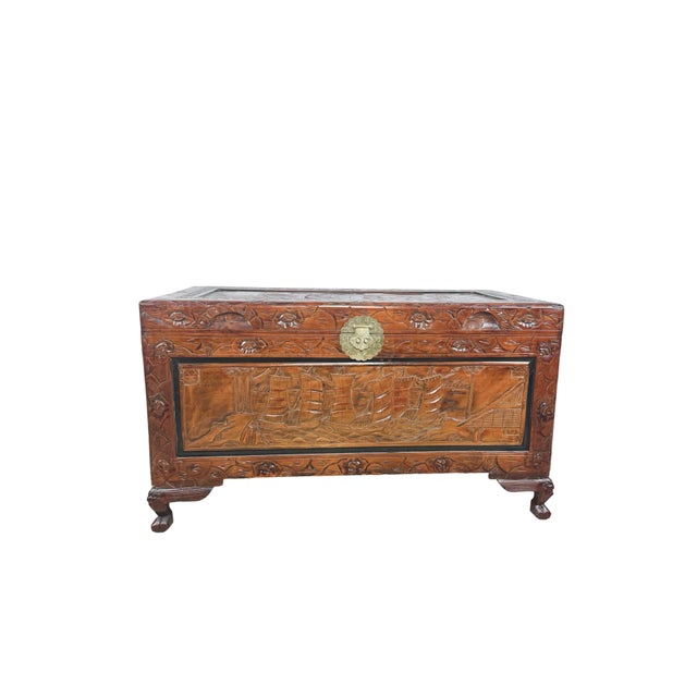 Asian Vintage Asian Carved Wood Storage Chest With Figural Relief Panels For Sale - Image 3 of 18