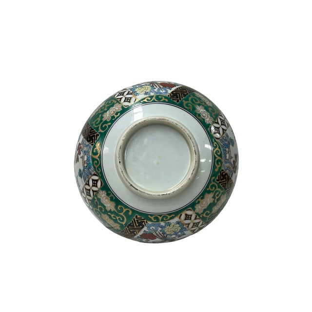 Ceramic Vintage Oriental Imari Emerald Green Flora Landscape Porcelain Bowl Art For Sale - Image 7 of 9