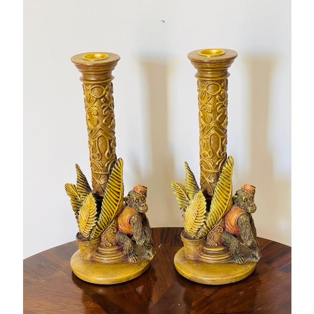 Shabby Chic Mid 20 Th C Safari Tropical Candlesticks With Monkeys For Sale - Image 3 of 7