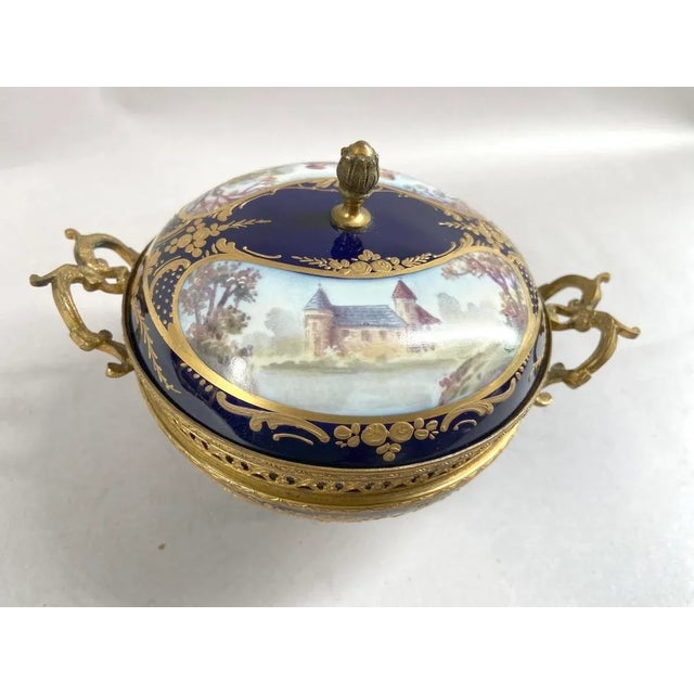 Metal Early 20thC French Sevres Style Blue Porcelain Dish Bowl For Sale - Image 7 of 14