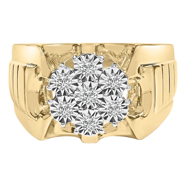 14K Yellow Gold Plated .925 Sterling Silver 1/3 Cttw Miracle-Set Floral Diamond Cluster Ring (I-J Color, I1-I2 Clarity) - Size 12 For Sale