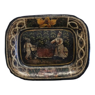Antique Painted Toleware Tray With Figural Scene For Sale