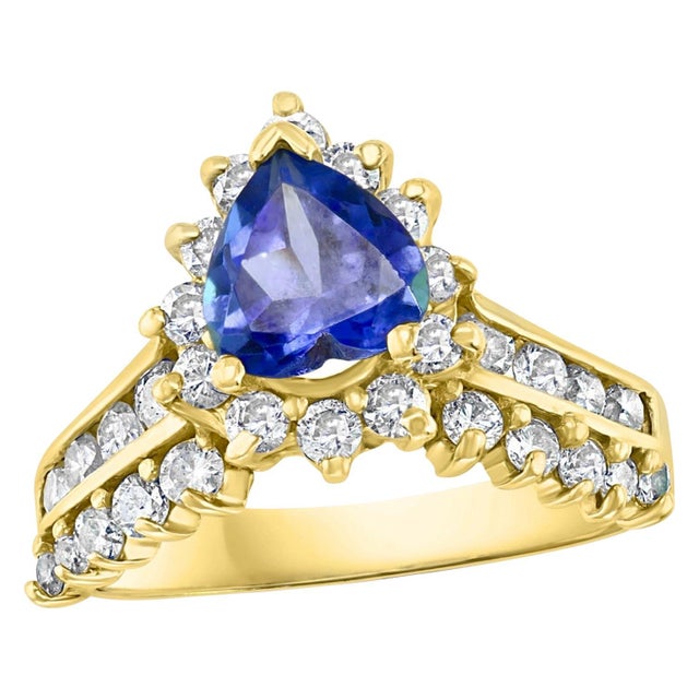 1.25 Carat Heart Shape Tanzanite and 1.5 Carat Diamond Ring 14 Karat Yellow Gold For Sale - Image 15 of 18