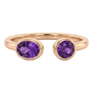 Amethyst Two Stone Ring | Dainty Purple Gemstone Open Cuff Ring | 18k Gold Plated Stacking Ring | Gift for Her Us 7 For Sale