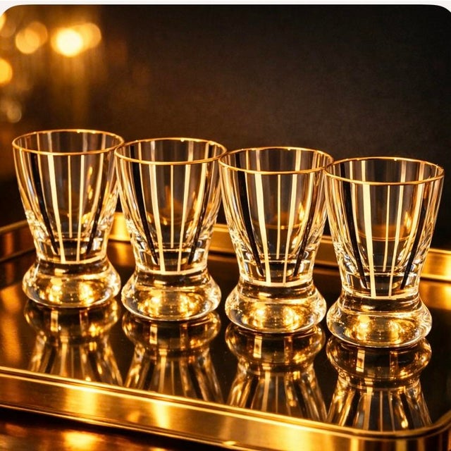 1950s Mid 20th Century Hollywood Regency Atomic 22k Gold and Black Line Cordial Glasses. Set of 4 1.5 Oz For Sale - Image 5 of 5