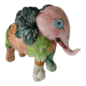 20th C Italian Majolica Cabbage Vegetable Elephant Statue