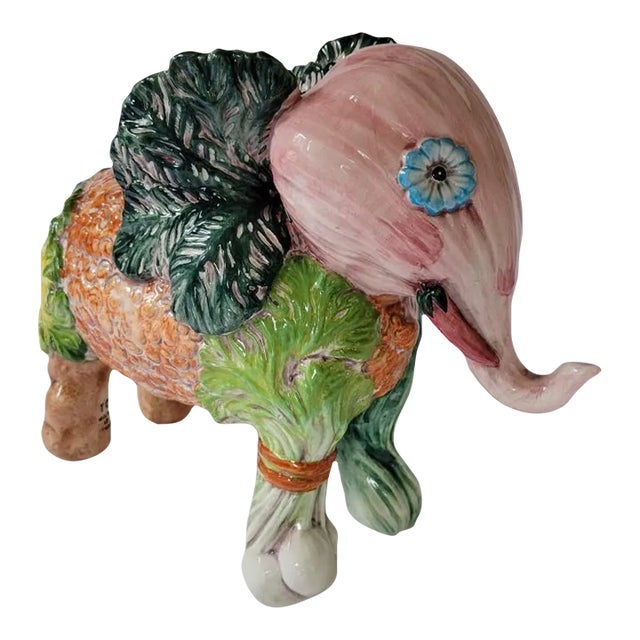 Vintage Italian Majolica Trompe l'Oeil Vegetable Elephant Sculpture For Sale