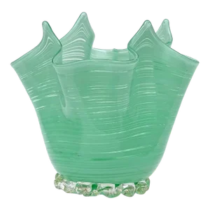 Murano Vintage Jade Green Threads and Gold Flecks Italian Art Glass Decorative Fazzoletto Vase