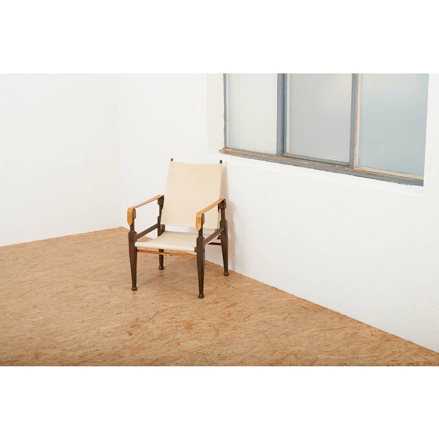 Beige Safari Chair with Beechwood Frame, Canvas Upholstery, and Leather Armrests by Wilhelm Kienzle for Heydebrand SWB Bern, 1928 For Sale - Image 8 of 10