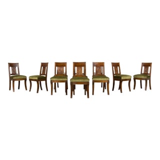 Set of 10 Mid-19th Century French Directoire Walnut Dining Chairs in Olive Green For Sale