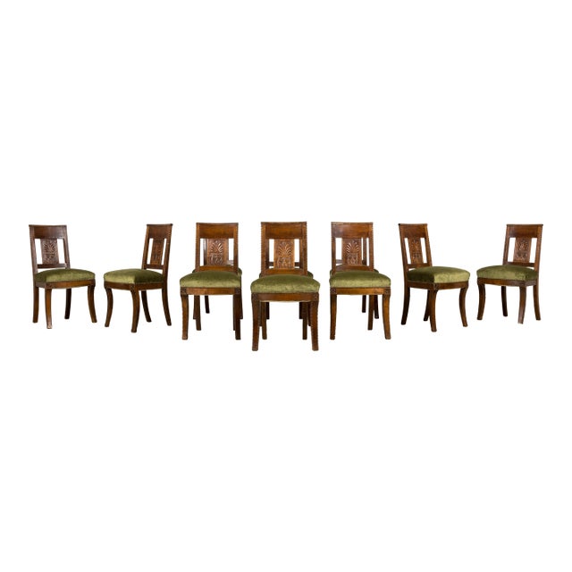 Set of 10 Mid-19th Century French Directoire Walnut Dining Chairs in Olive Green For Sale