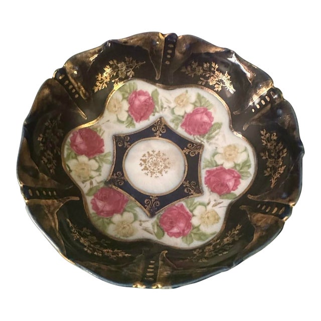 1920s Porcelain Decorative Bowl With Hand-Painted Roses and Cobalt Blue Rim by LPF Germany For Sale