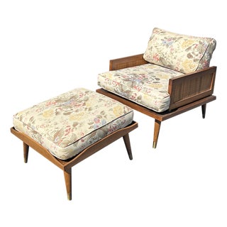 Vintage Adrian Pearsall Style Chair With Ottoman in Cain and Wood Mid Century Modern Seating For Sale