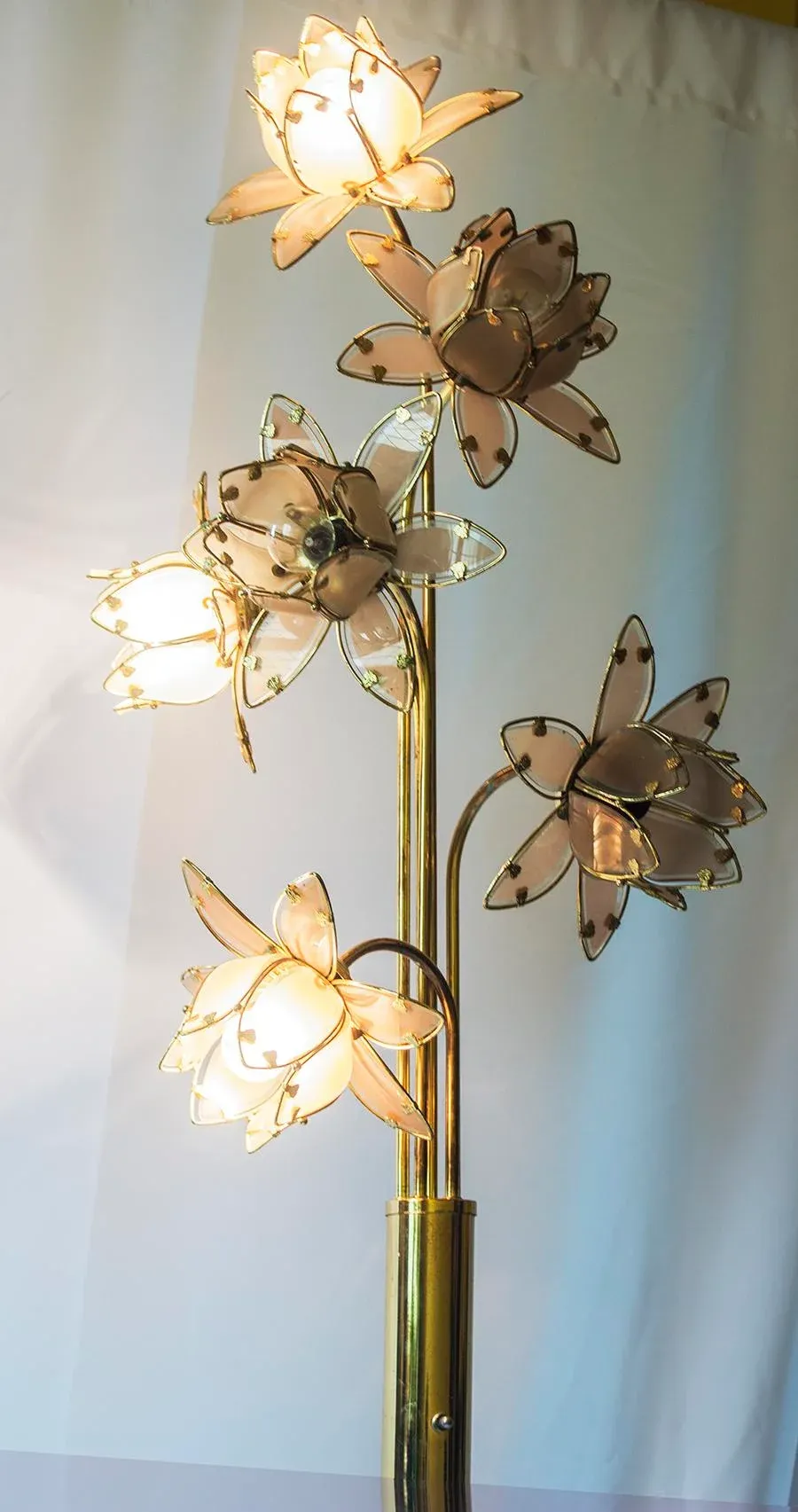 Vintage Hollywood Regency Brass Floor Lamp with Lotus Flower