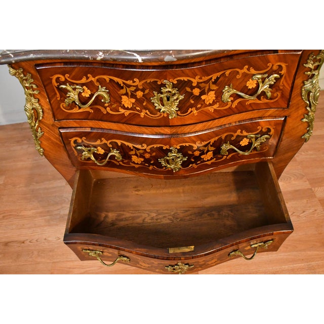 Wood 1890 Antique French Louis XV Rosewood Satin Wood Inlaid Marble Top Commode For Sale - Image 7 of 9