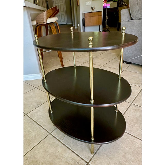 Brown English Campaign Style Oval Wood & Brass 3-Tier Side Table For Sale - Image 8 of 18