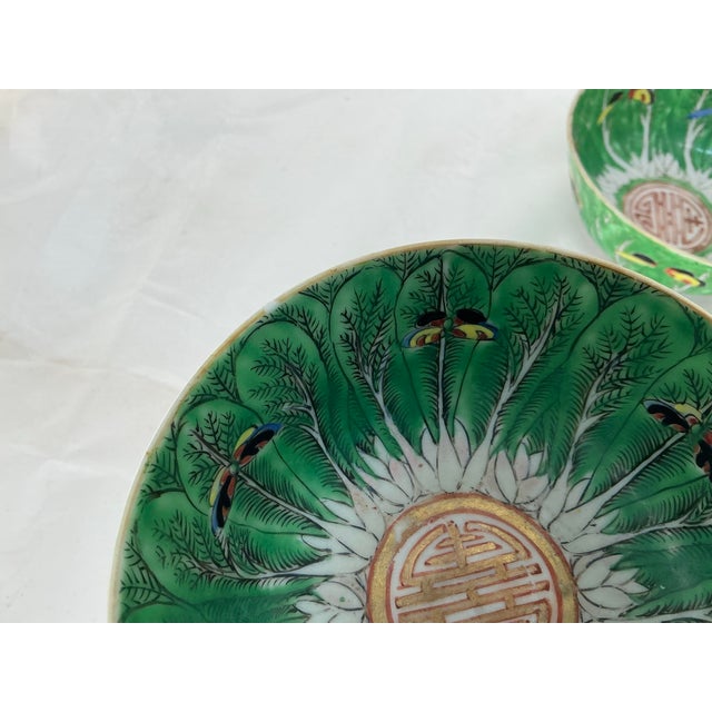 Set of 4 Antique Chinese Export Porcelain Famille Vert”box Choyleaf” Pattern Rice or Soup Bowls For Sale - Image 12 of 12