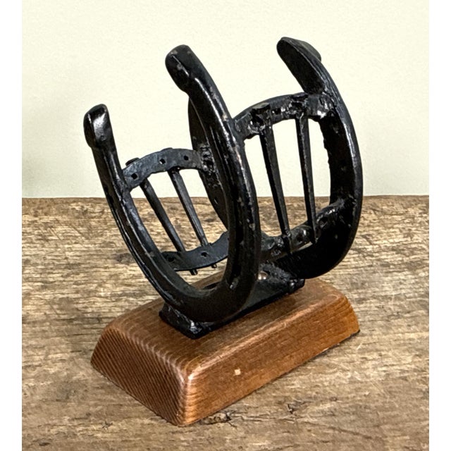 Mid 20th Century Vintage Equestrian Iron Horseshoe and Nail Wine Bottle Holder on Wood Base For Sale - Image 5 of 6