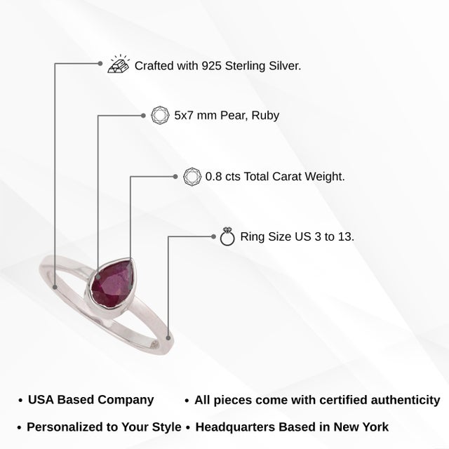 Minimalist Bezel Set Pear 0.8 Ct Red Ruby Solitaire Ring in 925 Solid Silver Size 6.5 For Sale - Image 10 of 14
