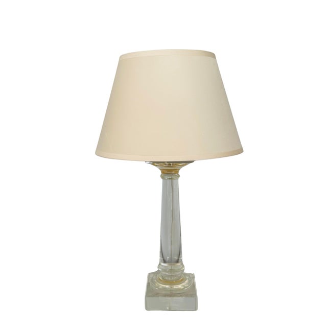 Neoclassical Restoration Hardware Saxon 28” Solid Crystal Glass Table Lamp – Neoclassical Doric Column, Original Shade For Sale - Image 3 of 11
