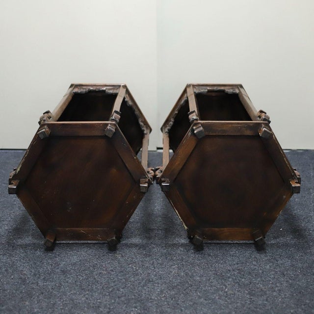 Pair of Vintage Chinese Hardwood Inlaid Hexagonal Pedestal Tables (Flower Stands) For Sale - Image 10 of 12