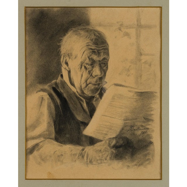 Hans Bachmann (1852 Winikon - 1917 Lucerne): Old man reading a newspaper, 1896, PencilTechnique: Pencil on...
