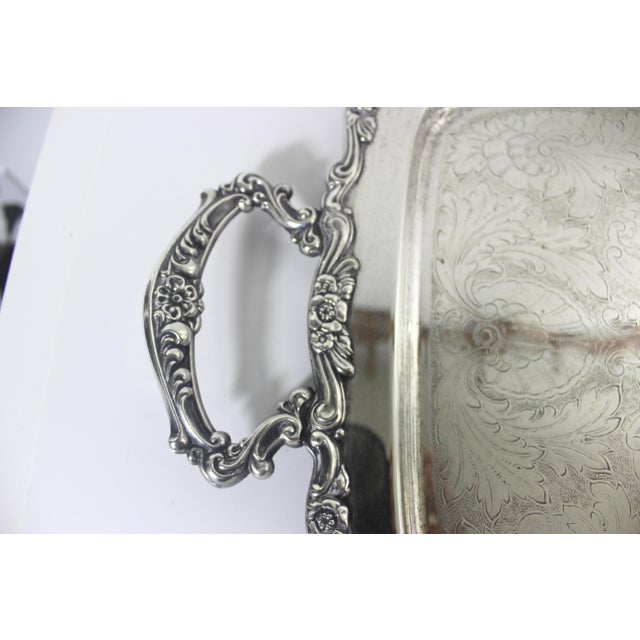 Oneida Extra Large Butler’s Tray Silver Plated Rectangular Platter Vintage Plate Ornate Floral Handles Embossed Serving For Sale - Image 4 of 15