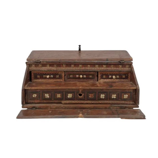 Spanish Colonial Inlaid Travel Desk, Wood and Iron, 17th Century For Sale - Image 10 of 15