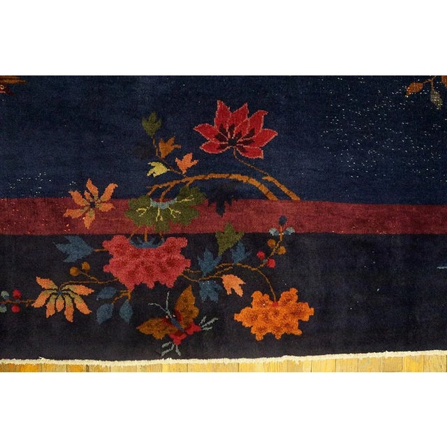 1920s Blue Navy Floral Vase Antique Chinese Art Deco Rug 8'9" X 11'6" Knotted Wool Carpet For Sale In New York - Image 6 of 9