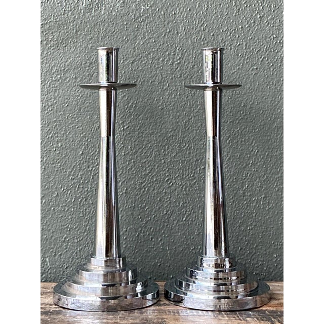 Chrome Vintage Stepped Base Chrome Candlesticks For Sale - Image 8 of 12