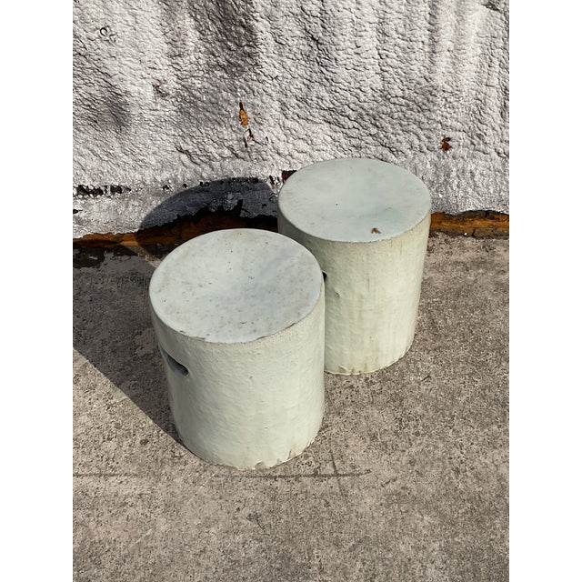 Off-white Vintage Boho Glazed Ceramic Low Stools - a Pair For Sale - Image 8 of 10